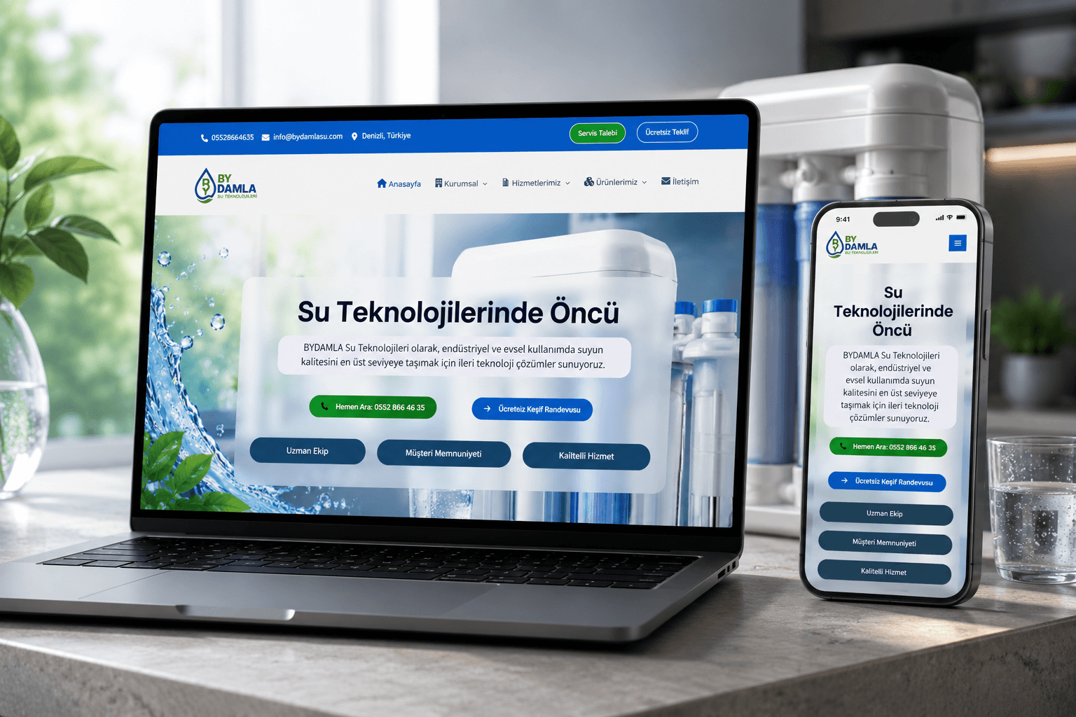 BY Damla Su Teknolojileri için tasarlanmış kurumsal web sitesi arayüzü