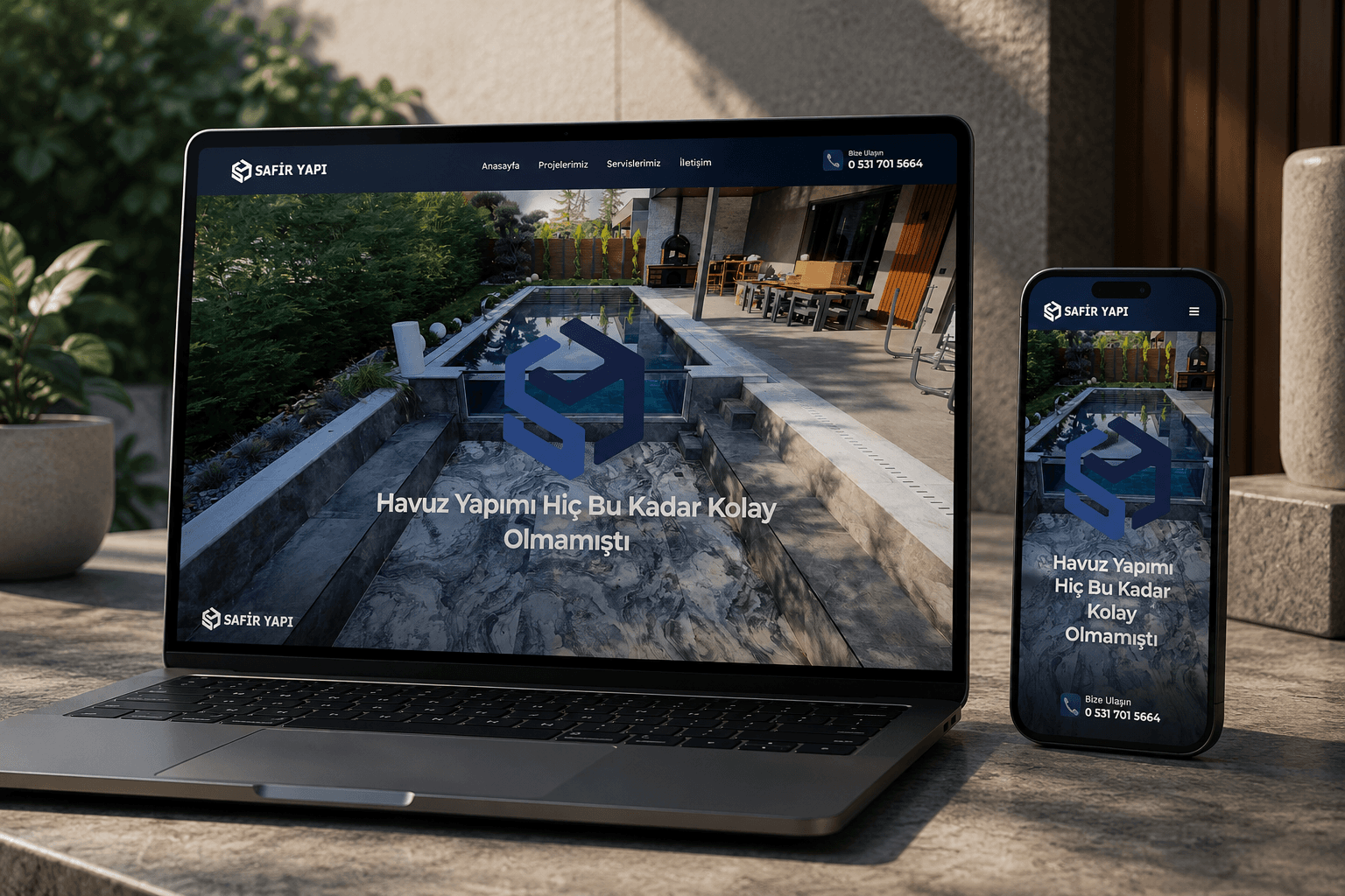 Safir Yapı için tasarlanmış havuz yapımı odaklı kurumsal web sitesi arayüzü